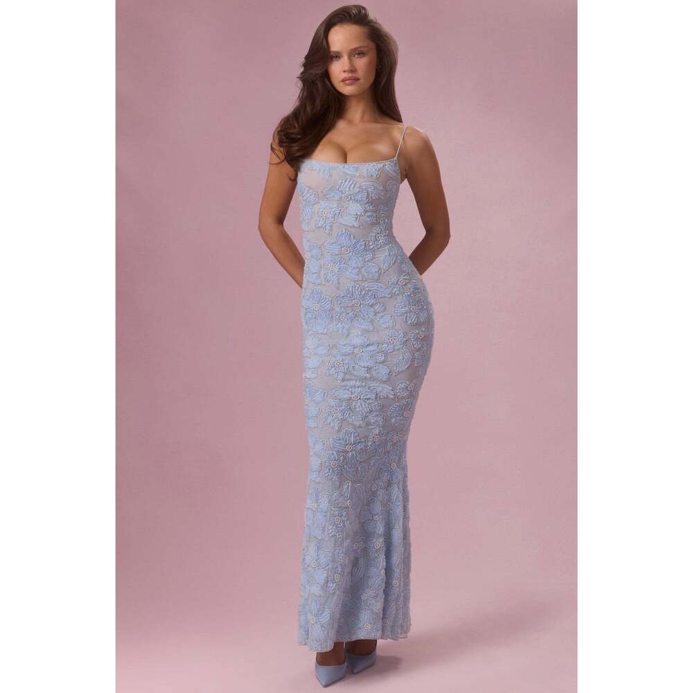Oh Polly Embellished Square Neck Maxi Dress in Powder Blue Size XSXS